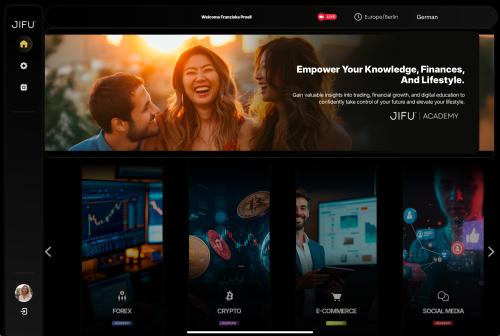 Screenshot der JIFU Akademie mit Modulen zu Crypto, E-Commerce, Social Media, Mindset und mehr