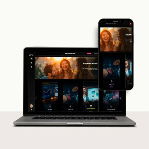 Laptop mit Benutzeroberfläche der neuen JIFU Live 2.0 Plattform – Rebranding und klare Kursübersicht