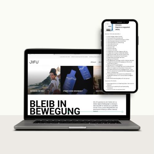 Laptop mit geöffneter JIFU-Website, darauf die Bereiche „Entdecke die Welt“, „Stärke deine Gesundheit“ und „Meistere dein Business“. Daneben ein Smartphone mit dem Titel „Globales Registrierungspaket 