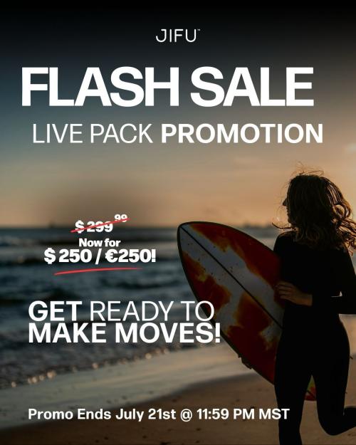 Frau mit Surfbrett am Meer bei Sonnenuntergang – JIFU Flash Sale zum Live Pack Angebot für 250 $ statt 299 $.