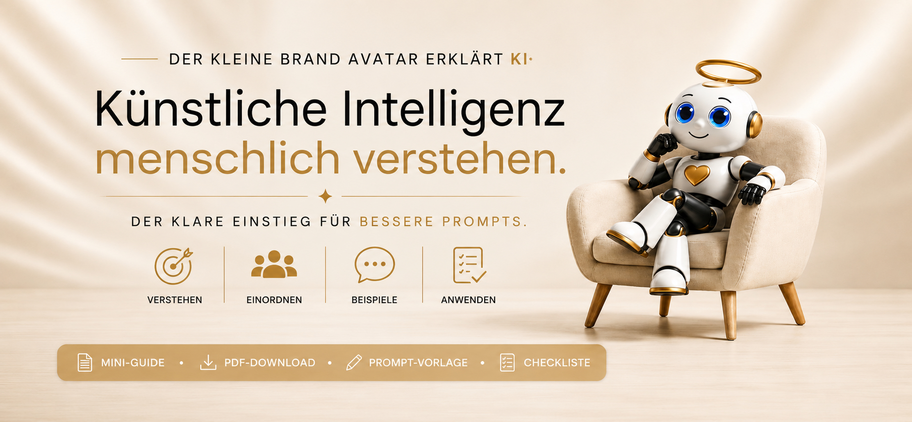 Der kleine Brand Avatar erklärt KI – visueller Mini-Guide als PDF für bessere Prompts, KI-Verständnis und klare Anwendung von künstlicher Intelligenz