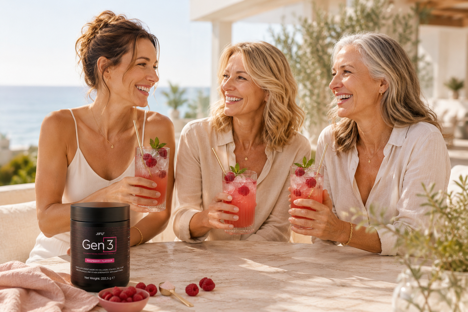 Frauen verschiedener Altersgruppen trinken GEN3 Kollagen im Sommer als bewusste Beauty Routine
