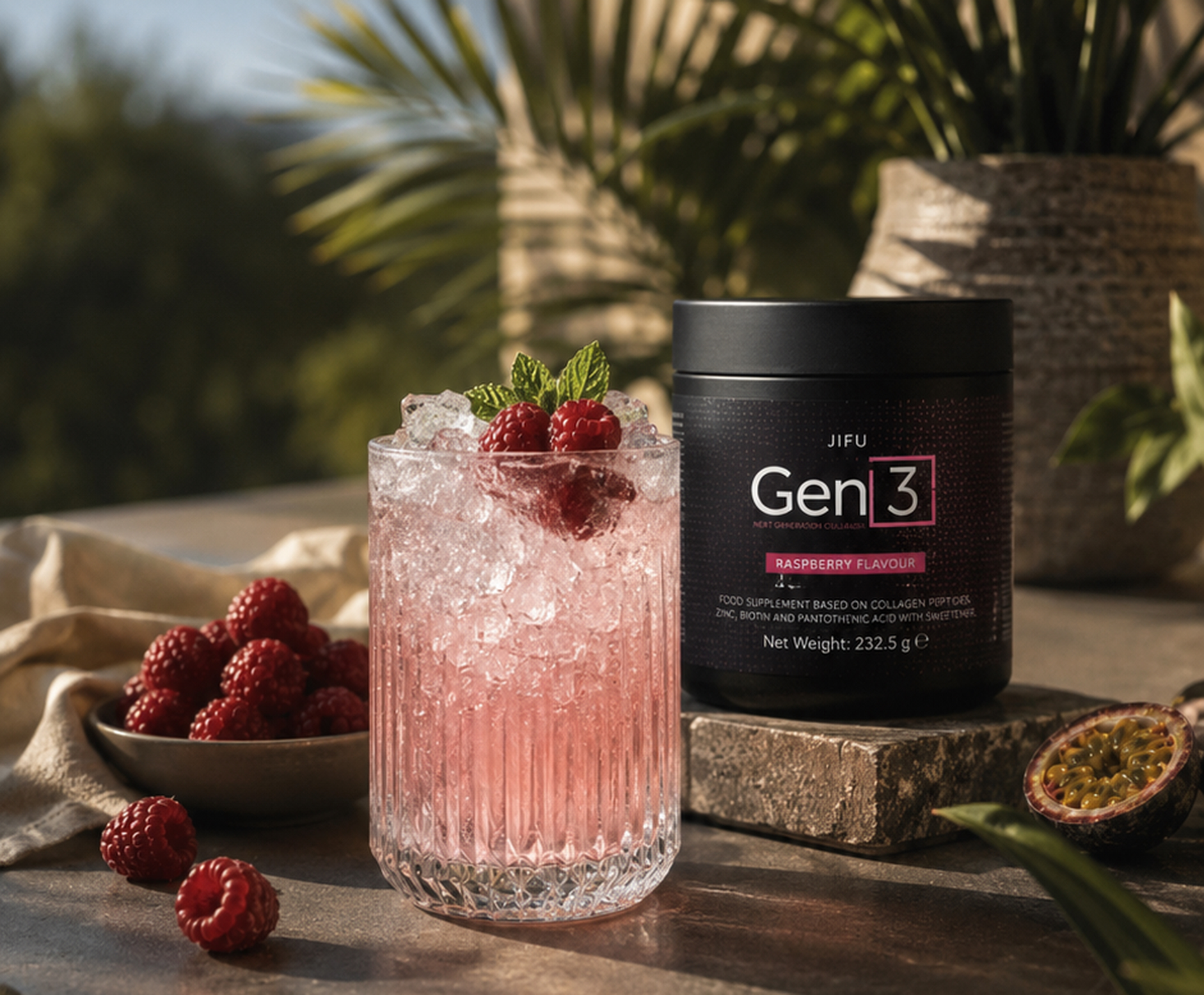 JIFU GEN3 Collagen Drink mit Himbeeren Eis und schwarzer Premium Dose