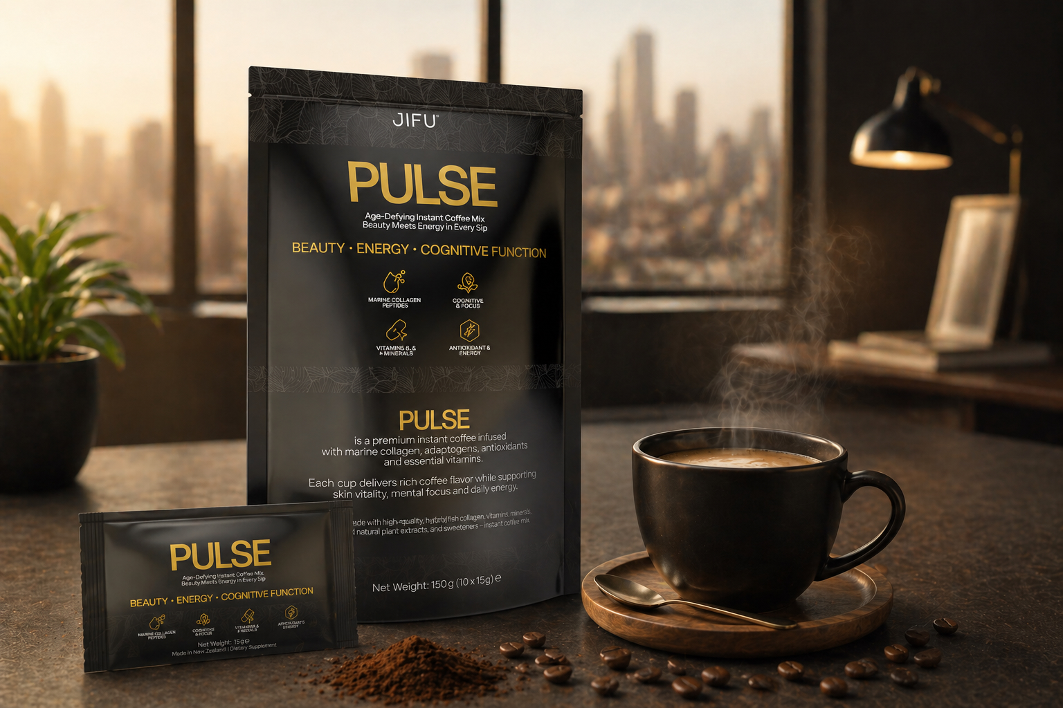 JIFU Pulse Coffee – funktionaler Coffee-Mix mit Premium Arabica Kaffee, Collagen Peptides und Astaxanthin