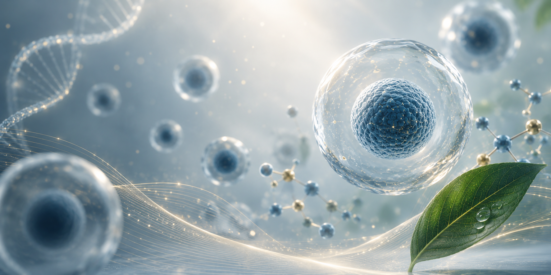 Zellgesundheit und Longevity Visual mit Zellen, DNA, Blatt und goldenen Lichtlinien