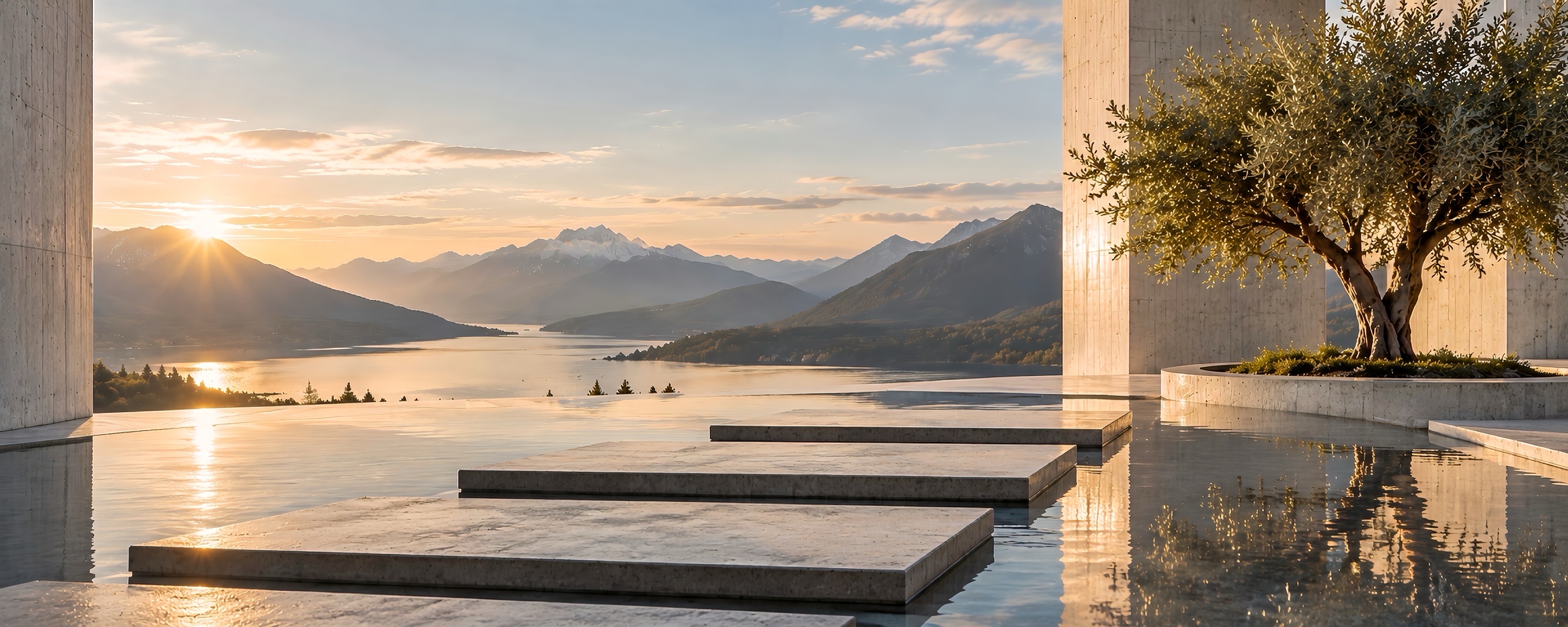 Architektonische Trittflächen über einer ruhigen Wasserfläche mit Bergpanorama und Baum – Bildwelt für Entscheidungsarchitektur und Strukturtransfer im Impact Workshop von Franziska Pröll