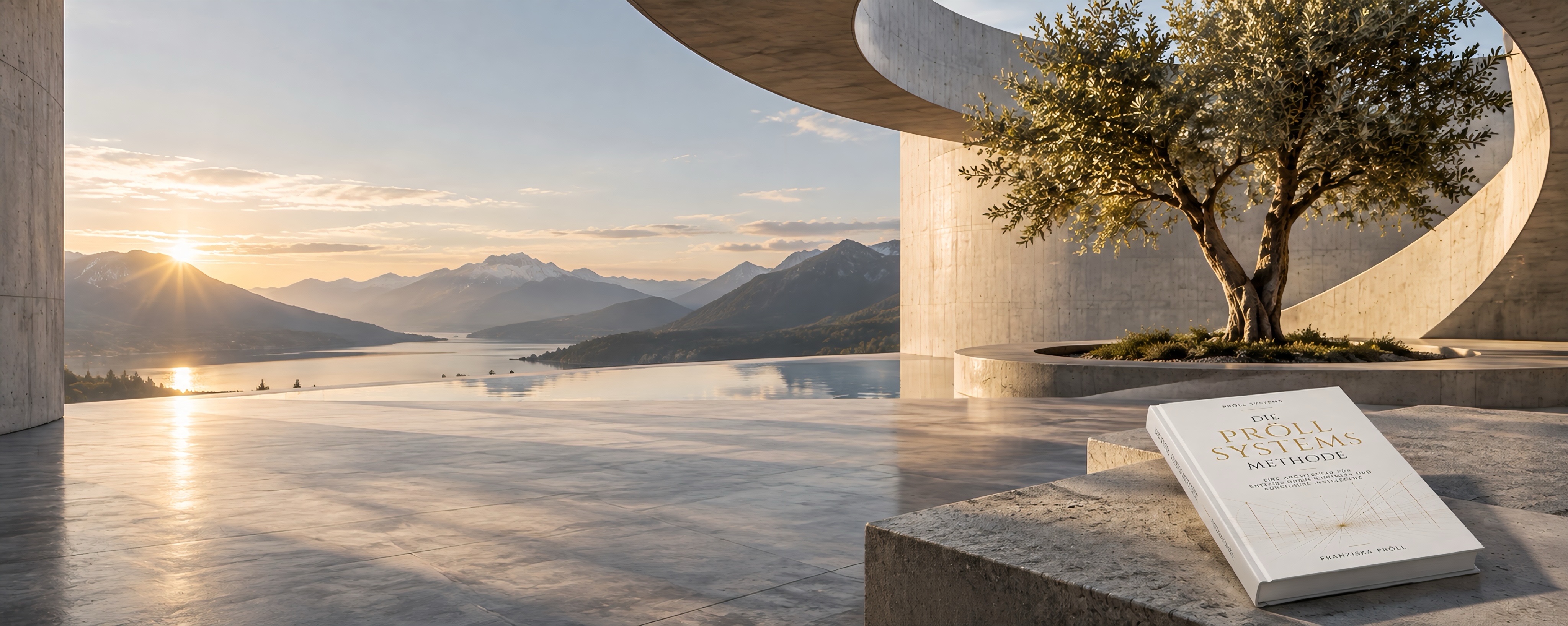 Architektonische Bildwelt von Pröll Systems mit Sichtbeton, See- und Berglandschaft sowie dem Buch Die Pröll Systems Methode von Franziska Pröll.