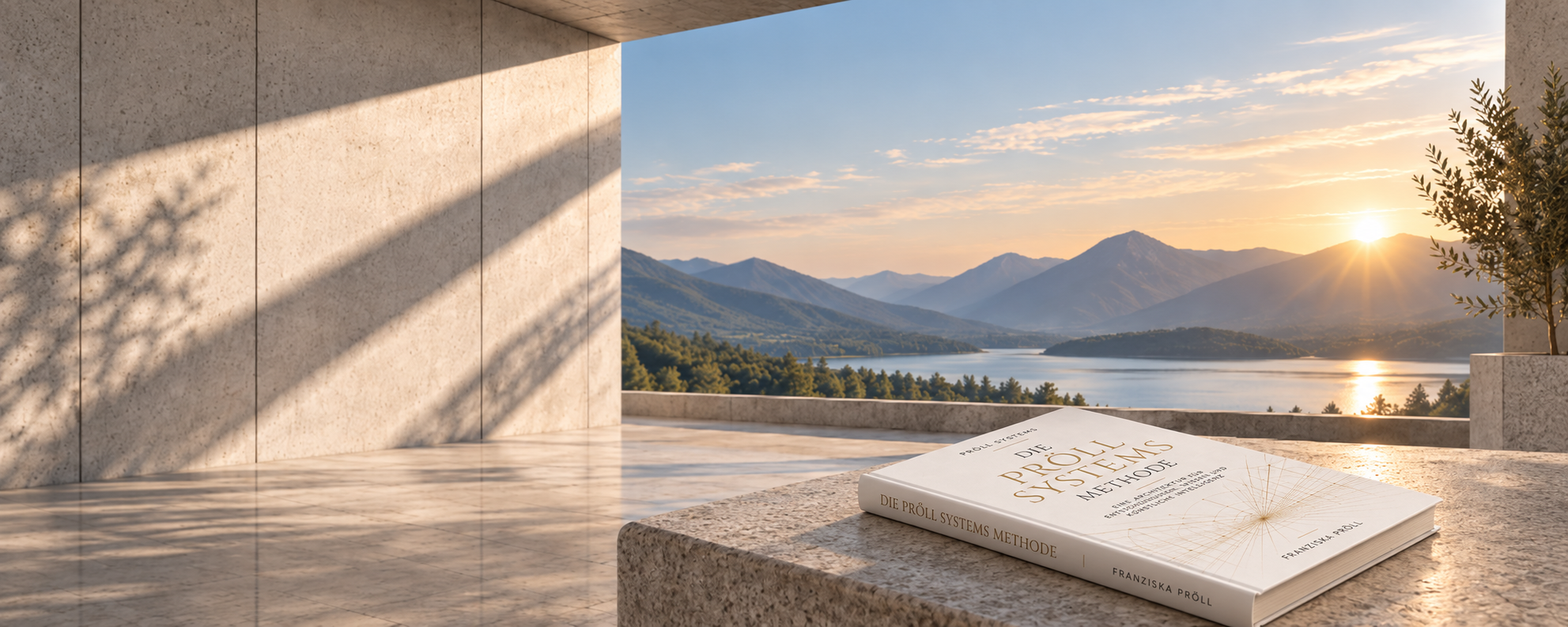 Architektonische KI-Visualisierung mit der Pröll Systems Methode von Franziska Pröll vor Berg- und Seenlandschaft.