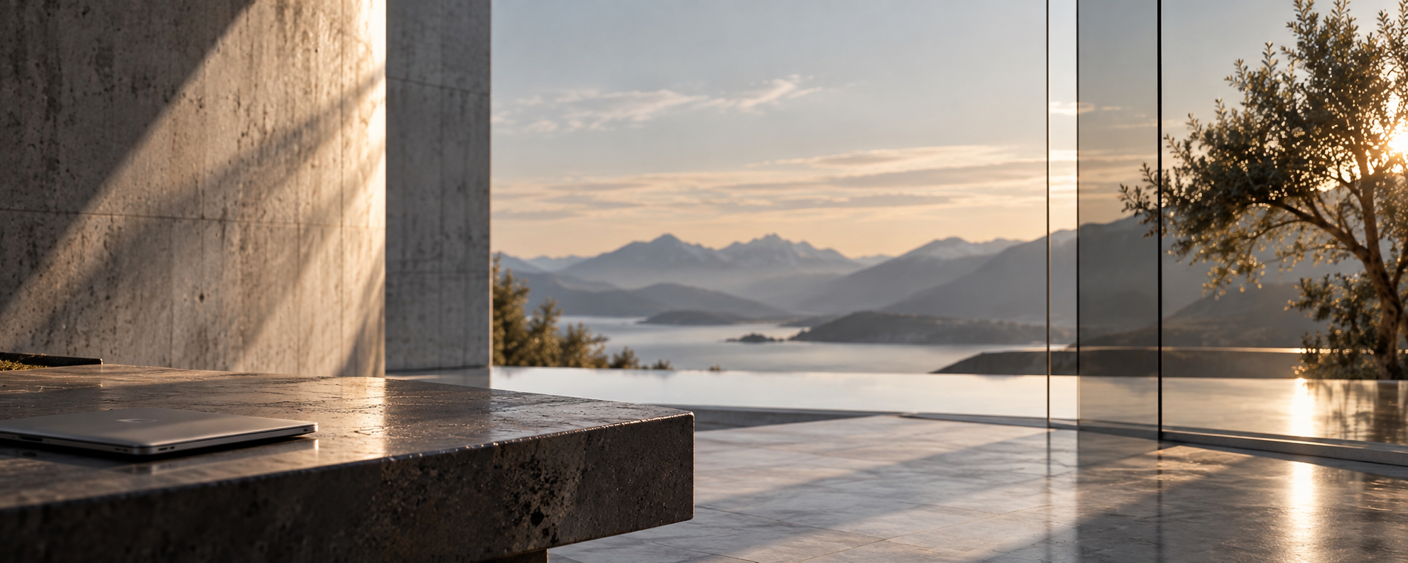 Architektonische Bildwelt mit Sichtbeton, Glas, Olivenbaum, Berglandschaft und See als Visualisierung für KI-Systemarchitektur und Business OS.