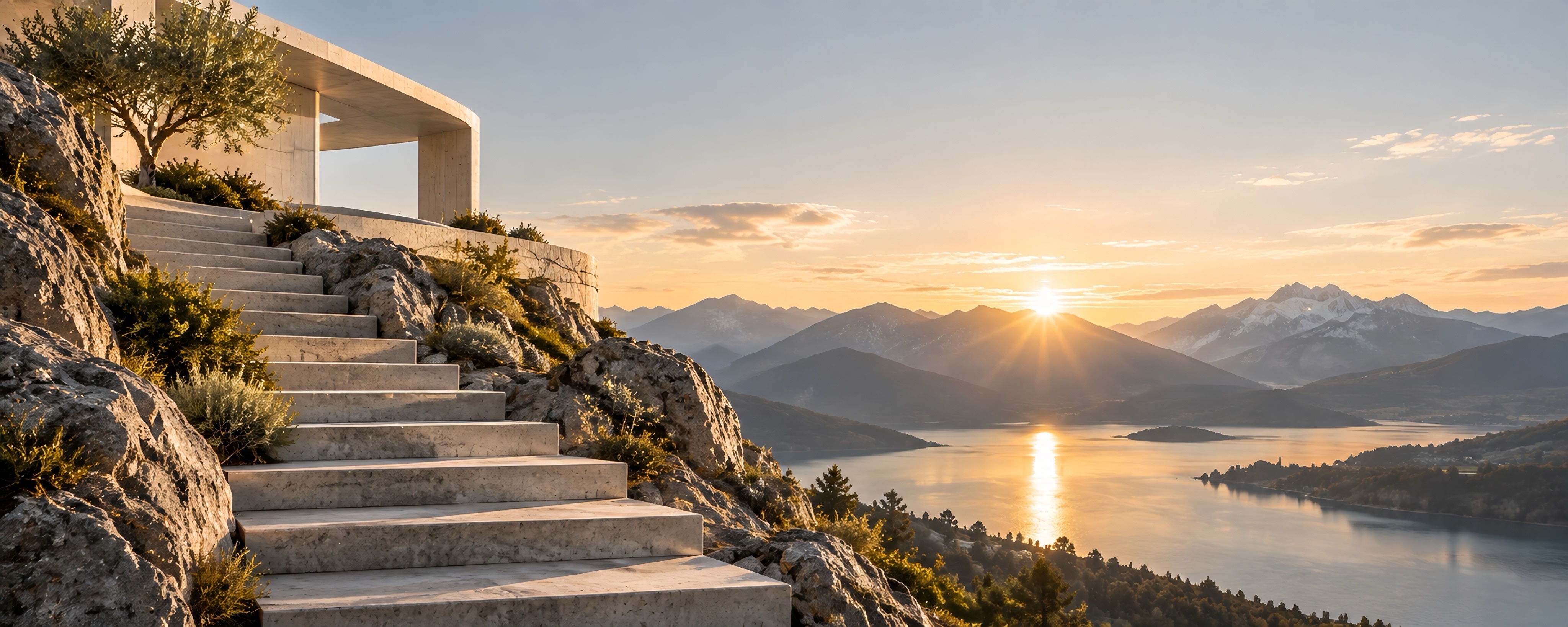 Architektonische Treppe zwischen Fels und klarer moderner Architektur mit weitem Blick über Berge und See – Bildwelt für die Haltung von Franziska Pröll.
