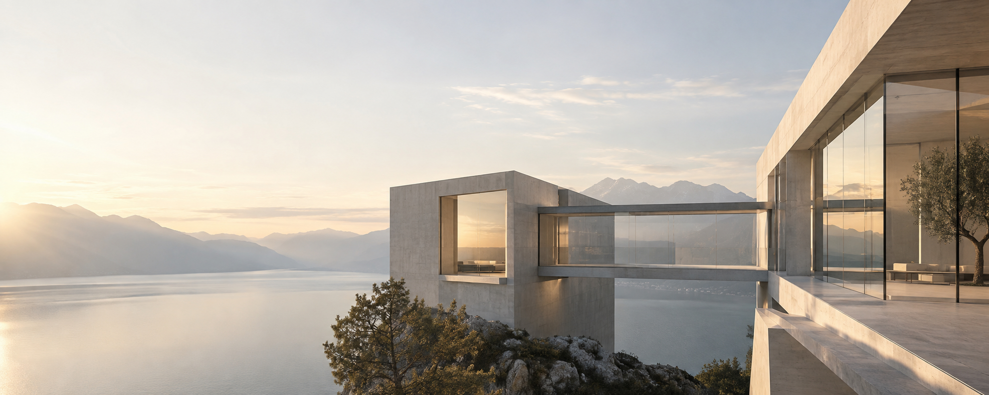 Architekturvisualisierung für Franziska Pröll und PRÖLL SYSTEMS mit verbundenen Baukörpern aus Beton und Glas als Symbol für Erfahrung, Systemarchitektur und Zusammenarbeit.